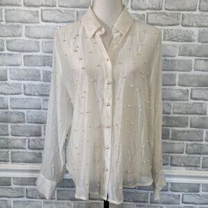 Bailey 44 White Sheer Faux Pearl Studded Blouse Top Romantic Feminine Elegant L